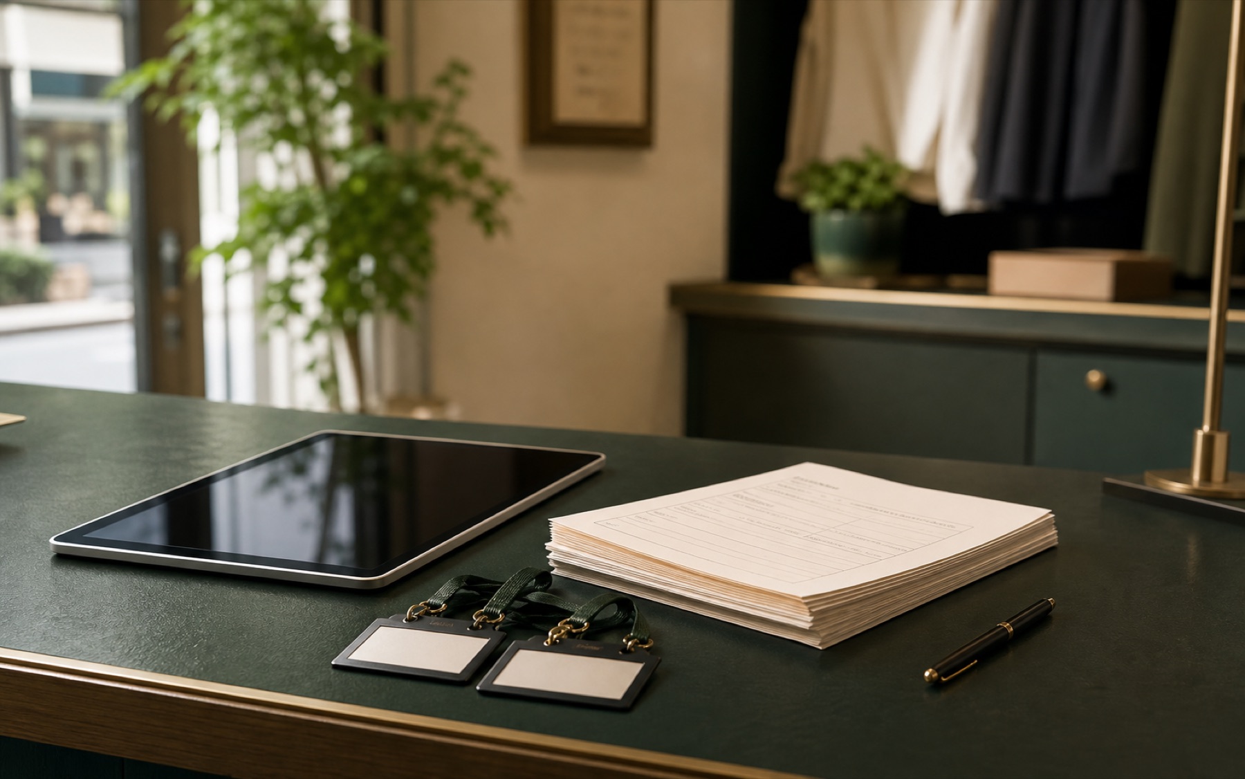 店頭カウンターに置かれたタブレットと確認書の束